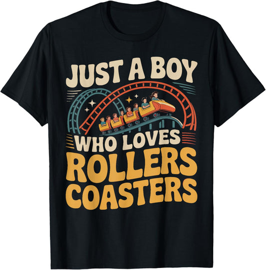Roller Coaster Retro Vintage Just A Boy Who Loves Roller T-Shirt - T-Shirt | Black