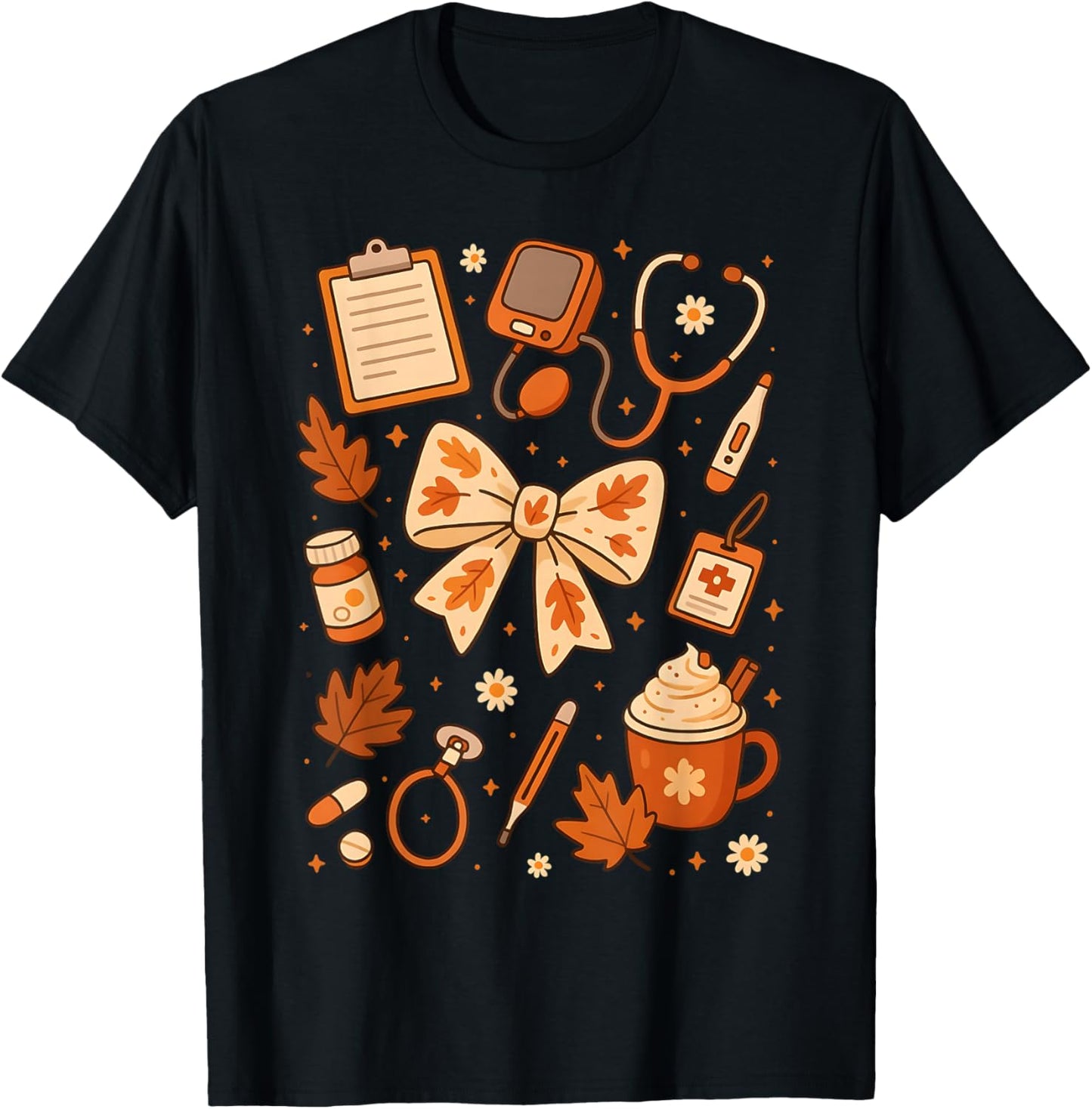 Thankful Nurse Fall Stethoscope Coquette Bow Thanksgiving T-Shirt - T-Shirt | Black