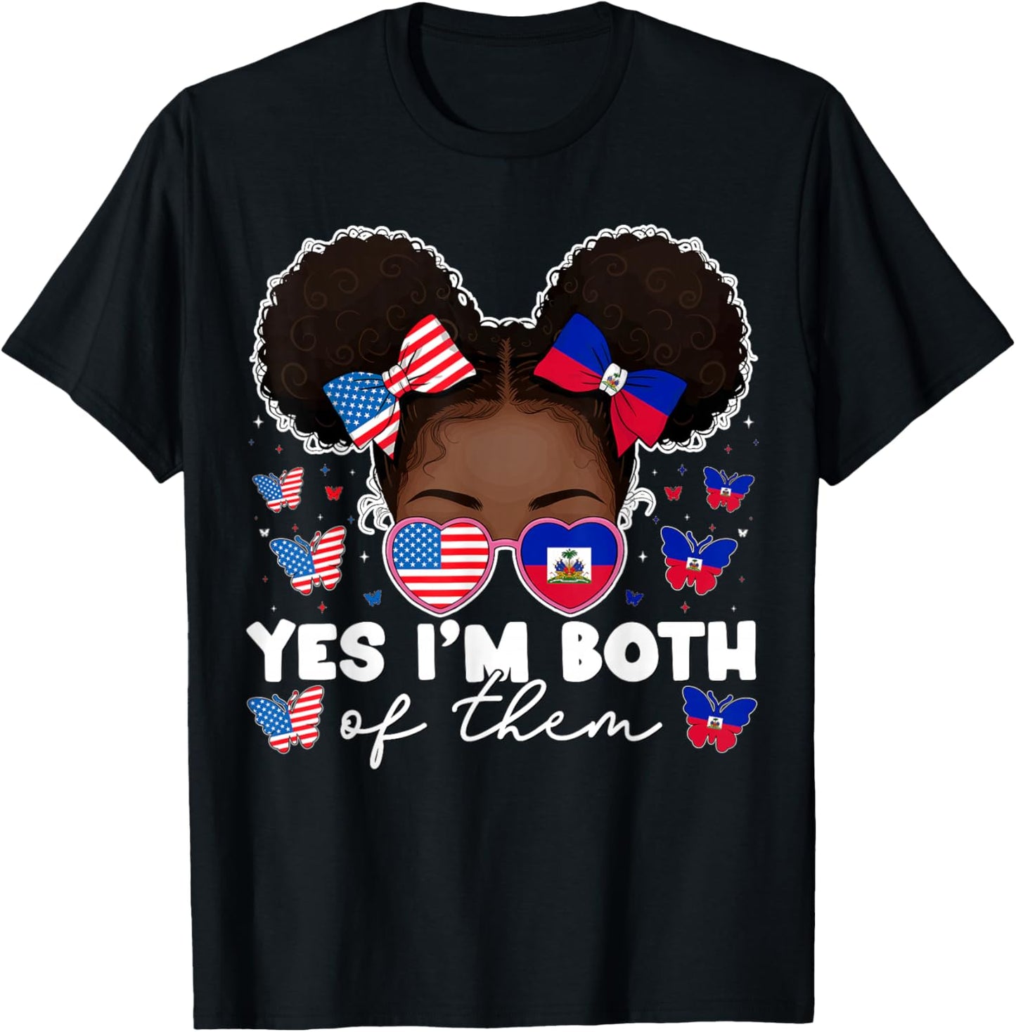 Half Haitian and American America Haiti USA Flag Girl Afro T-Shirt - T-Shirt | Black