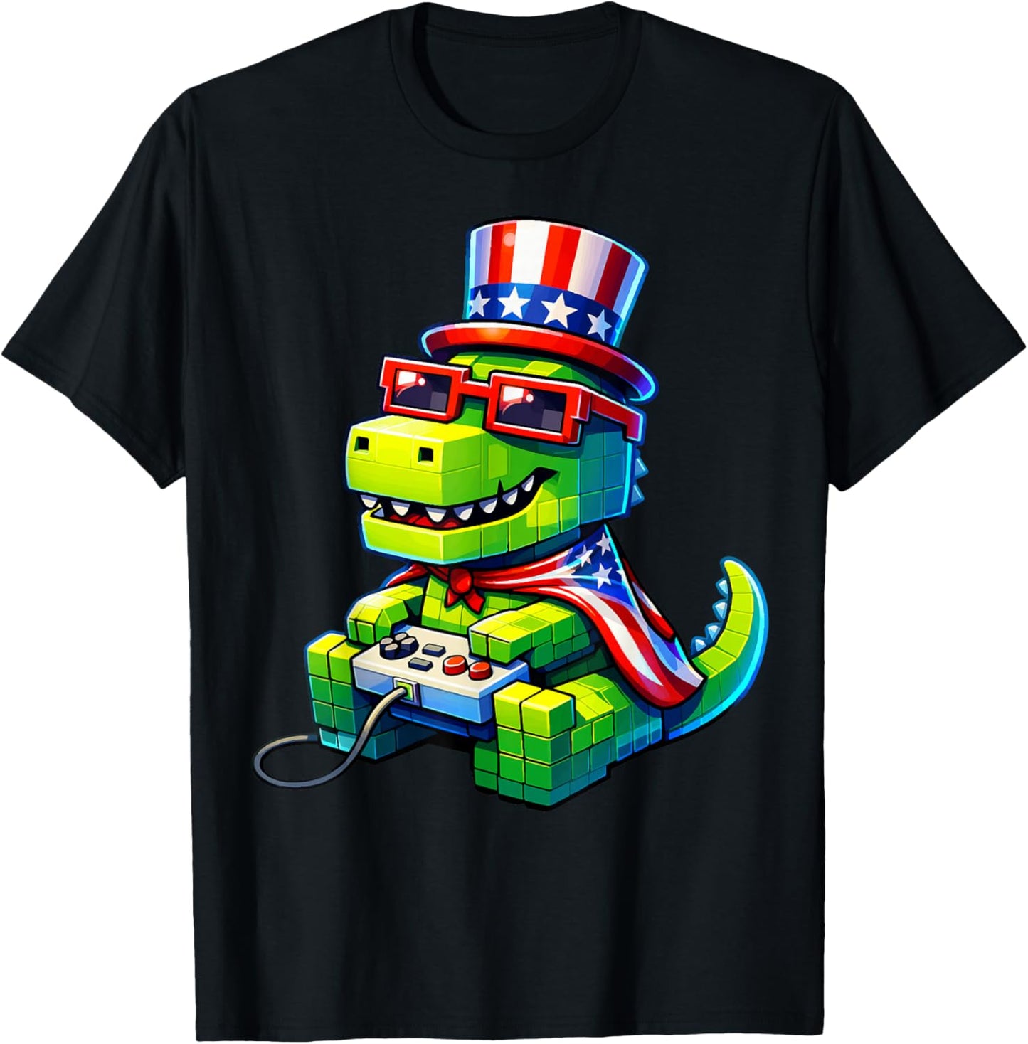 4th of July Gamer Patriotic T Rex Dinosaur Pixel Video Game T-Shirt - T-Shirt | Black