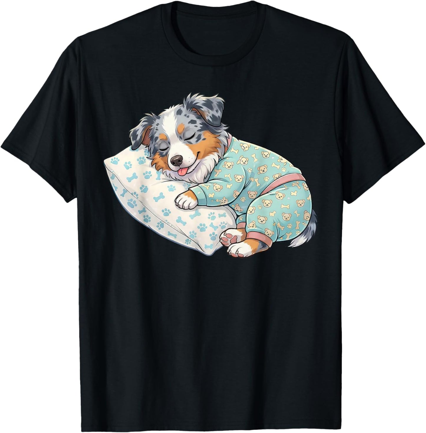 Adorable Australian Shepherd Dog Sleeping in Pajamas T-Shirt - T-Shirt | Black