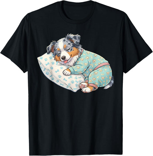 Adorable Australian Shepherd Dog Sleeping in Pajamas T-Shirt - T-Shirt | Black