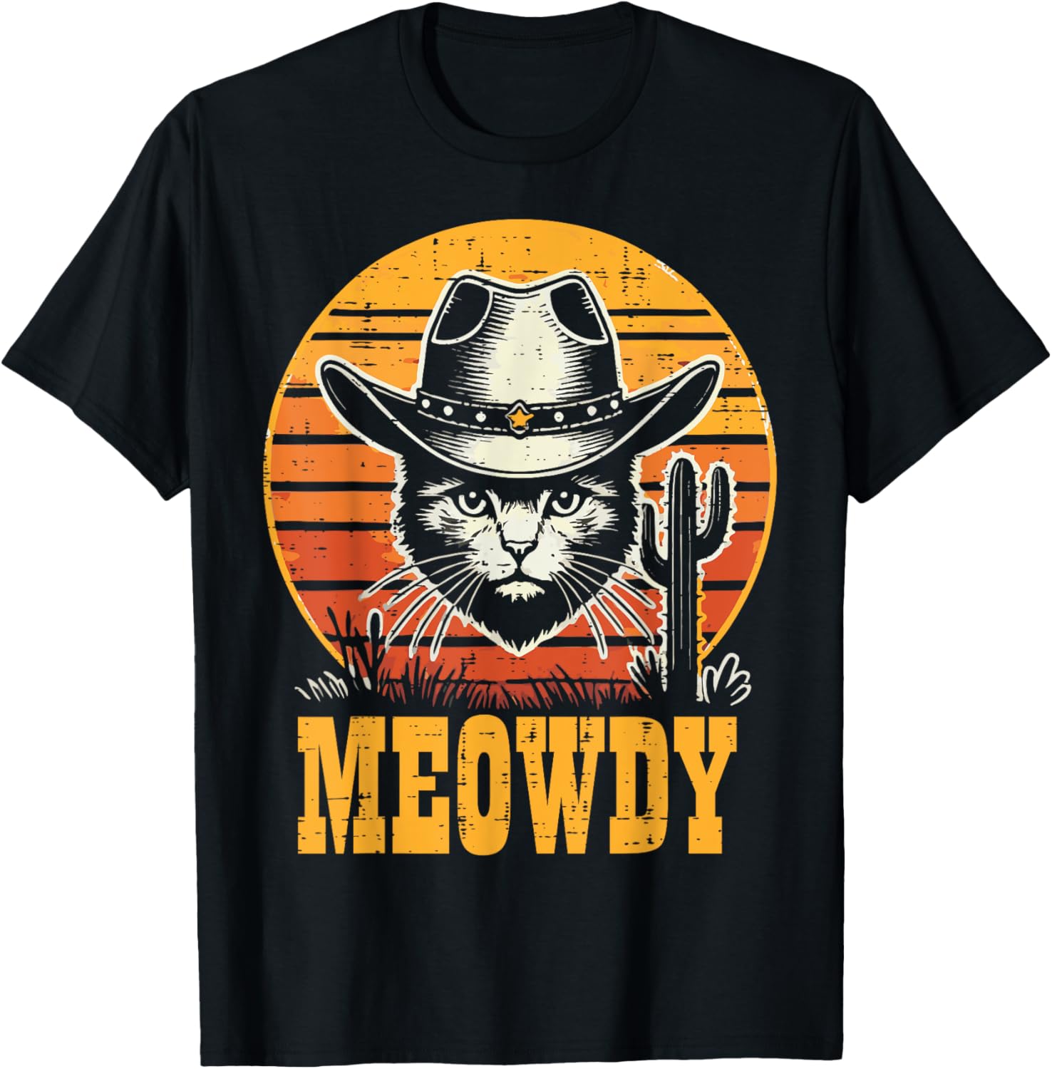 Cat Cowboy Meowdy Sunset Retro Kitten Western Men Boys Kids T-Shirt - T-Shirt | Black