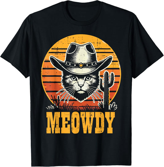 Cat Cowboy Meowdy Sunset Retro Kitten Western Men Boys Kids T-Shirt - T-Shirt | Black