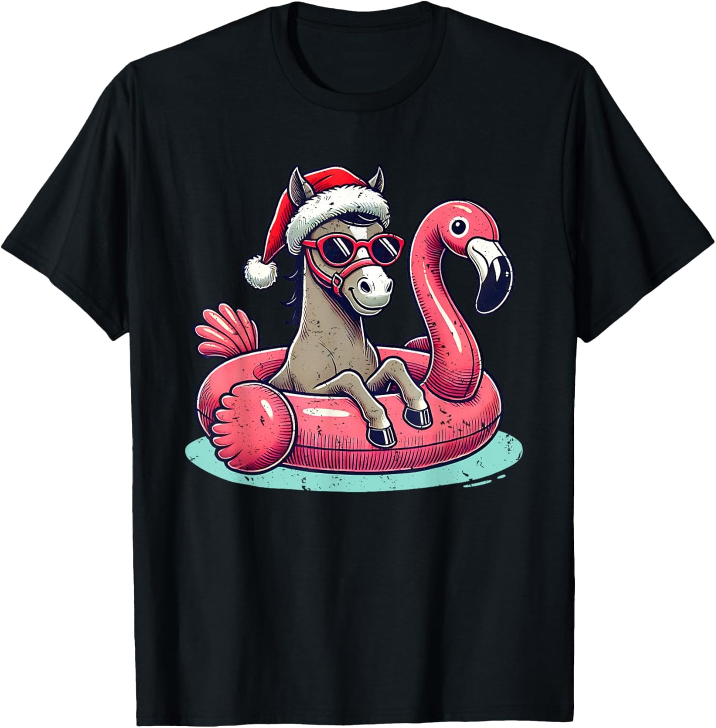 Funny Christmas in July Horse Mom Santa Flamingo Floatie T-Shirt - T-Shirt | Black