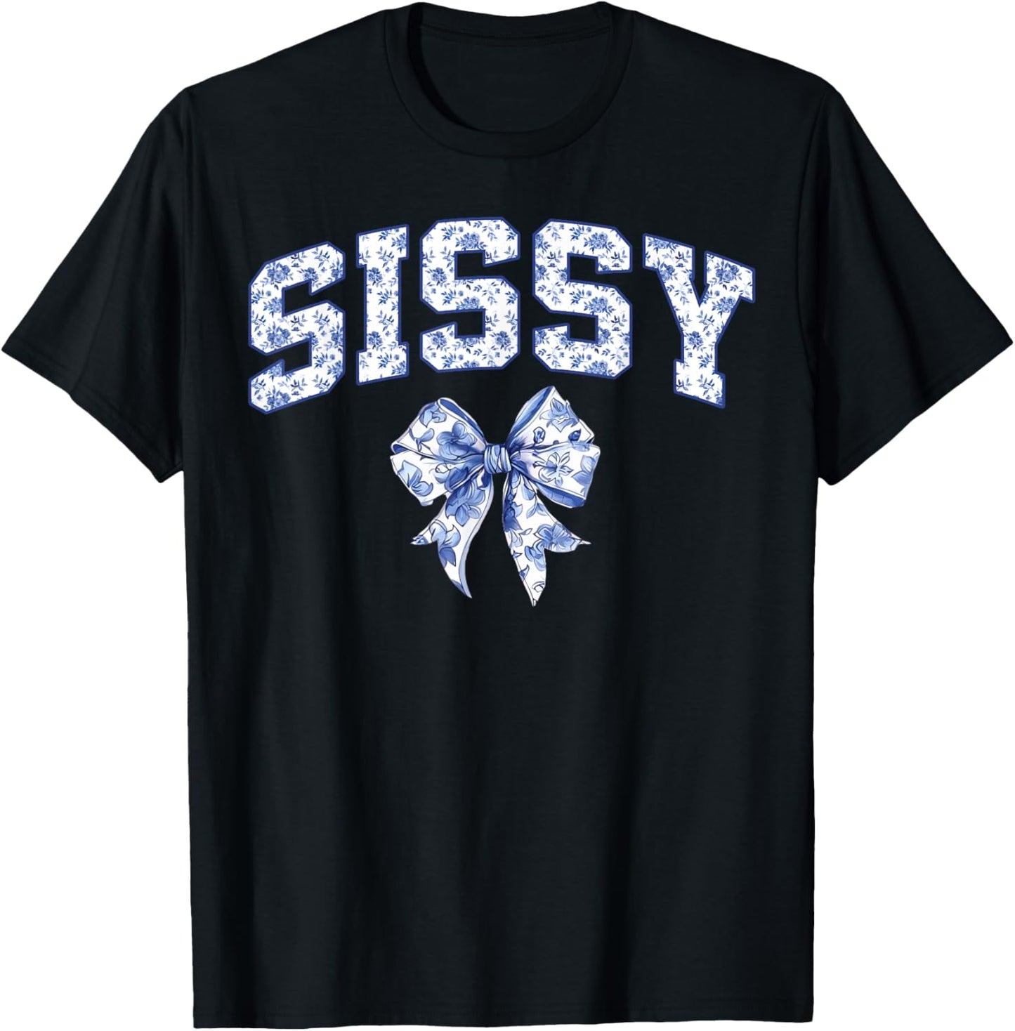 Sissy Coquette Toile Blue Bow Floral Family Matching T-Shirt - T-Shirt | Black