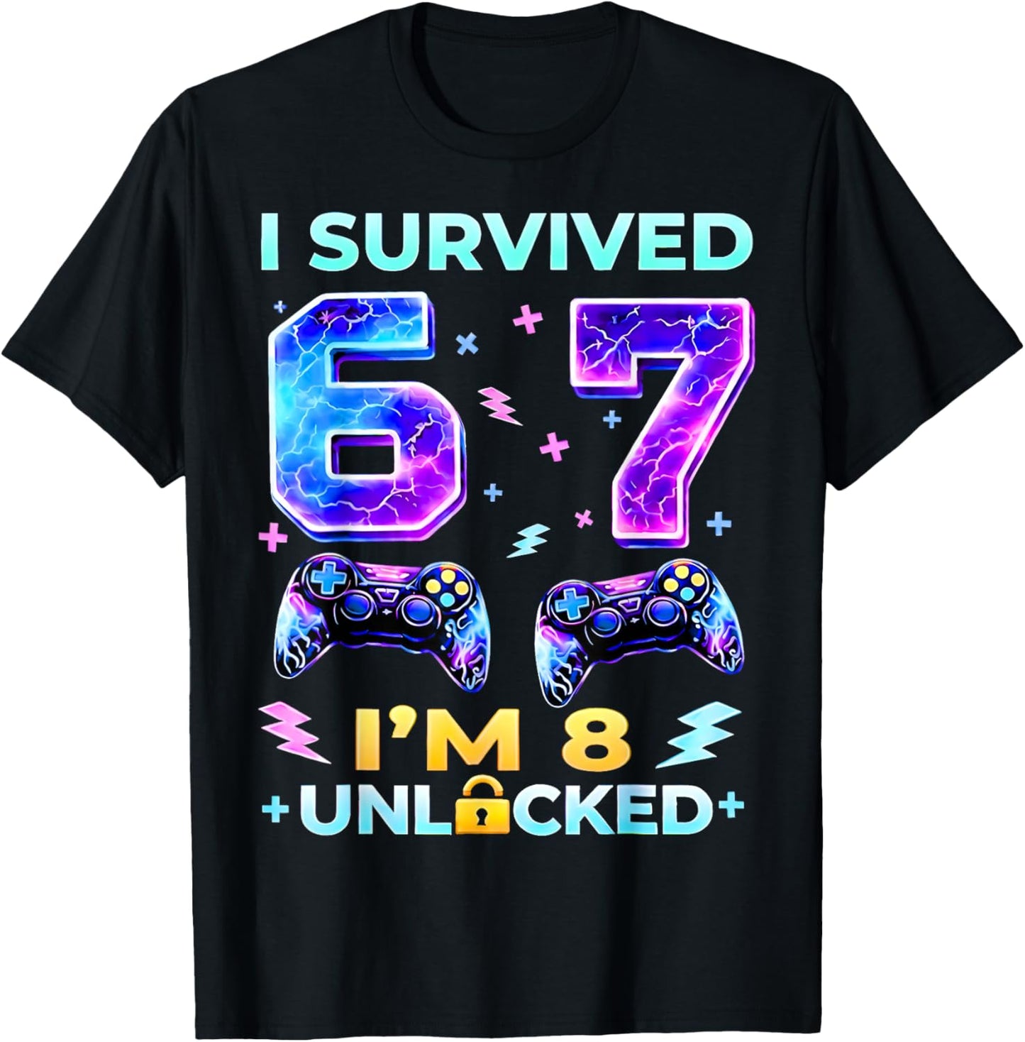 I Survived 6 7 I'm 8 Birthday Boys Gamer Unlocked Gifts Kids T-Shirt - T-Shirt | Black