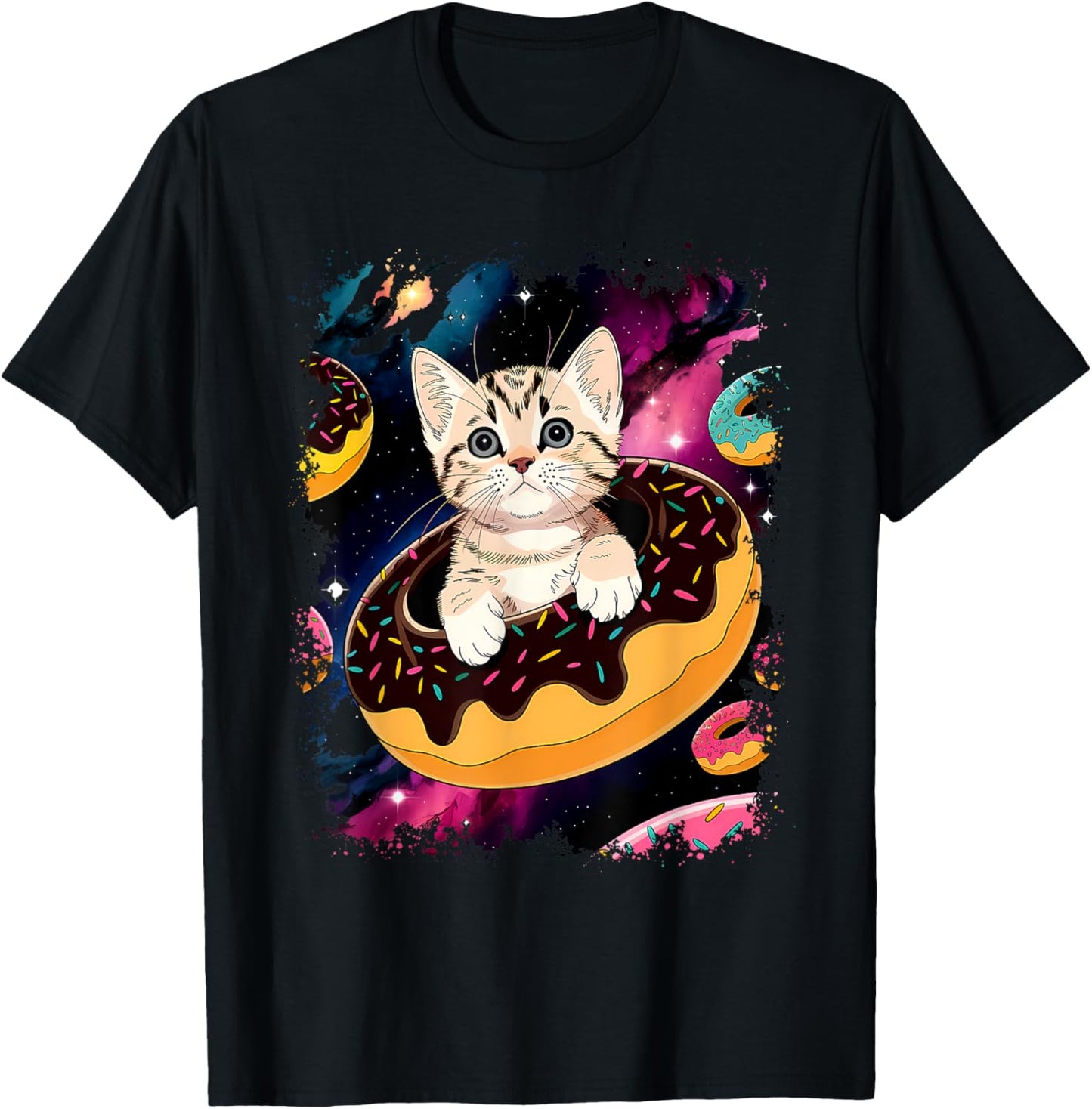 Cute Cat Inside Donut in Space Boys Girl - Kitty in Space T-Shirt - T-Shirt | Black