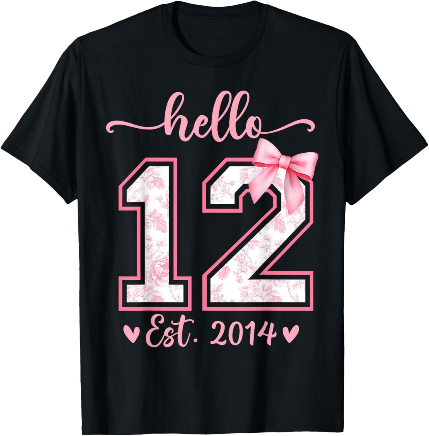 Hello Twelve Est 2014 12th Birthday Girl Coquette Bow T-Shirt - T-Shirt | Black