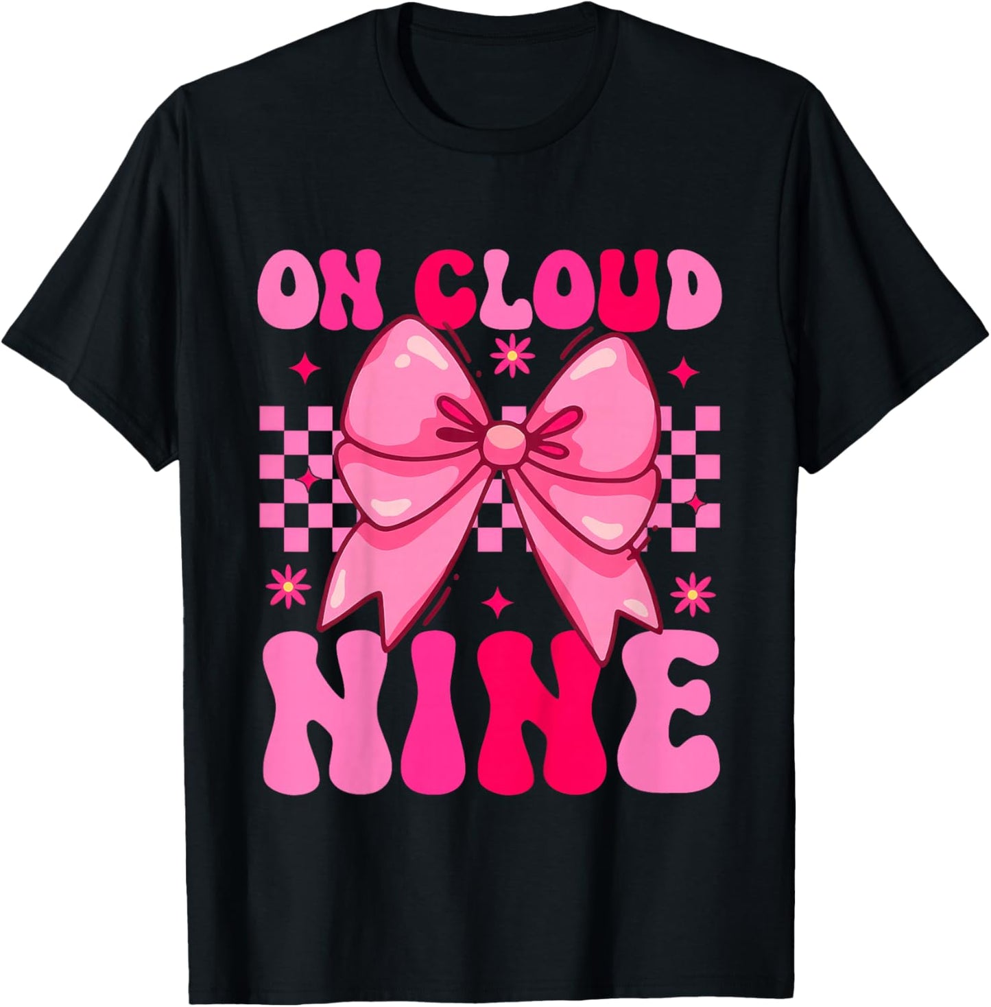 On Cloud Nine Bday 9th Birthday Girl Coquette Pink Bow T-Shirt - T-Shirt | Black