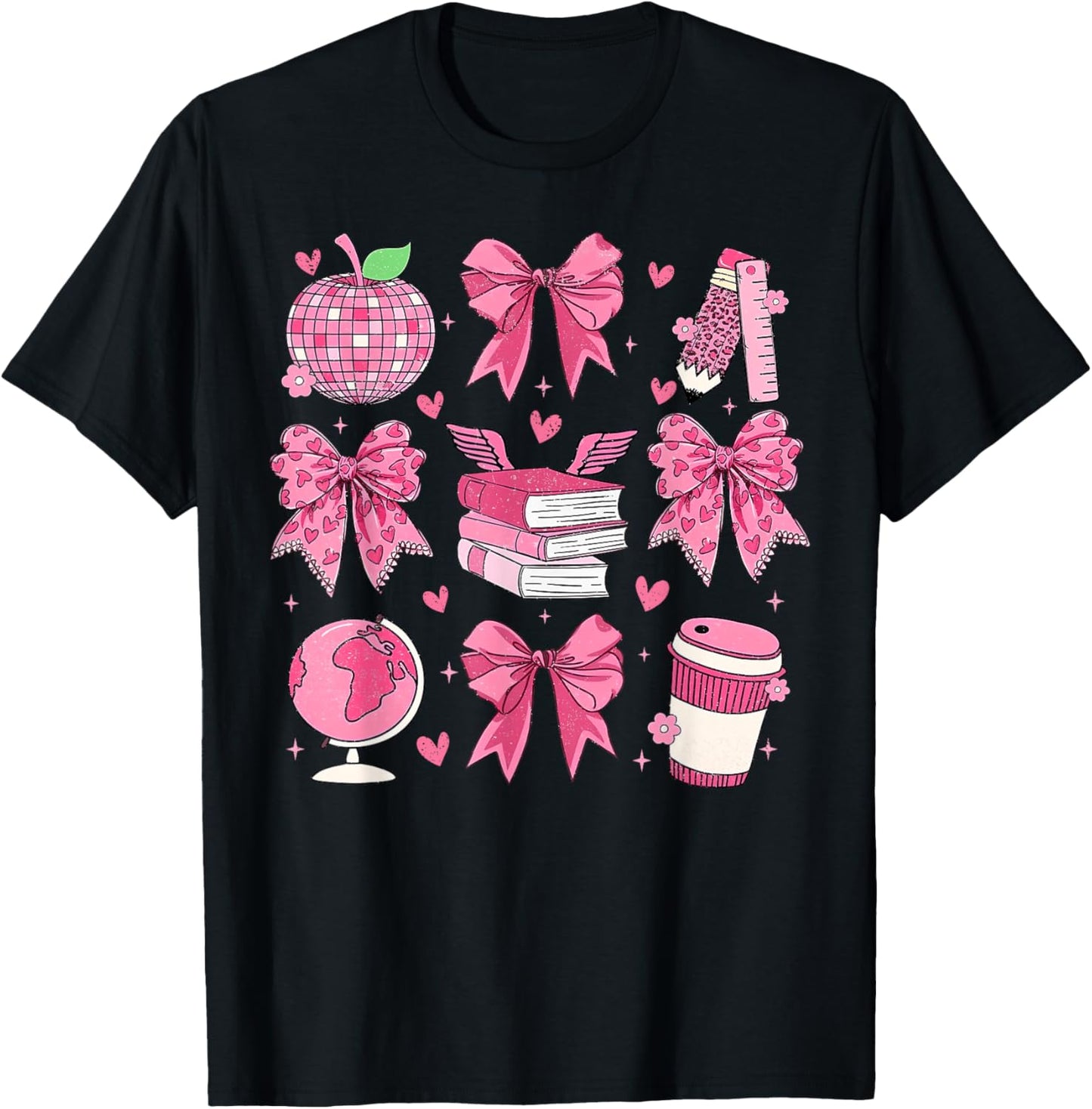 Coquette Pink Bow Apple Teacher Appreciation Valentine Day T-Shirt - T-Shirt | Black
