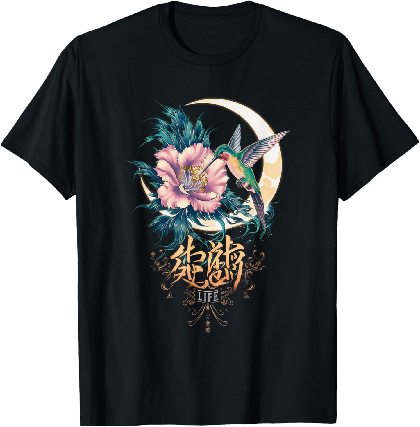 Vibrant Life Hummingbird with Hibiscus Moon Japanese Style T-Shirt - T-Shirt | Black