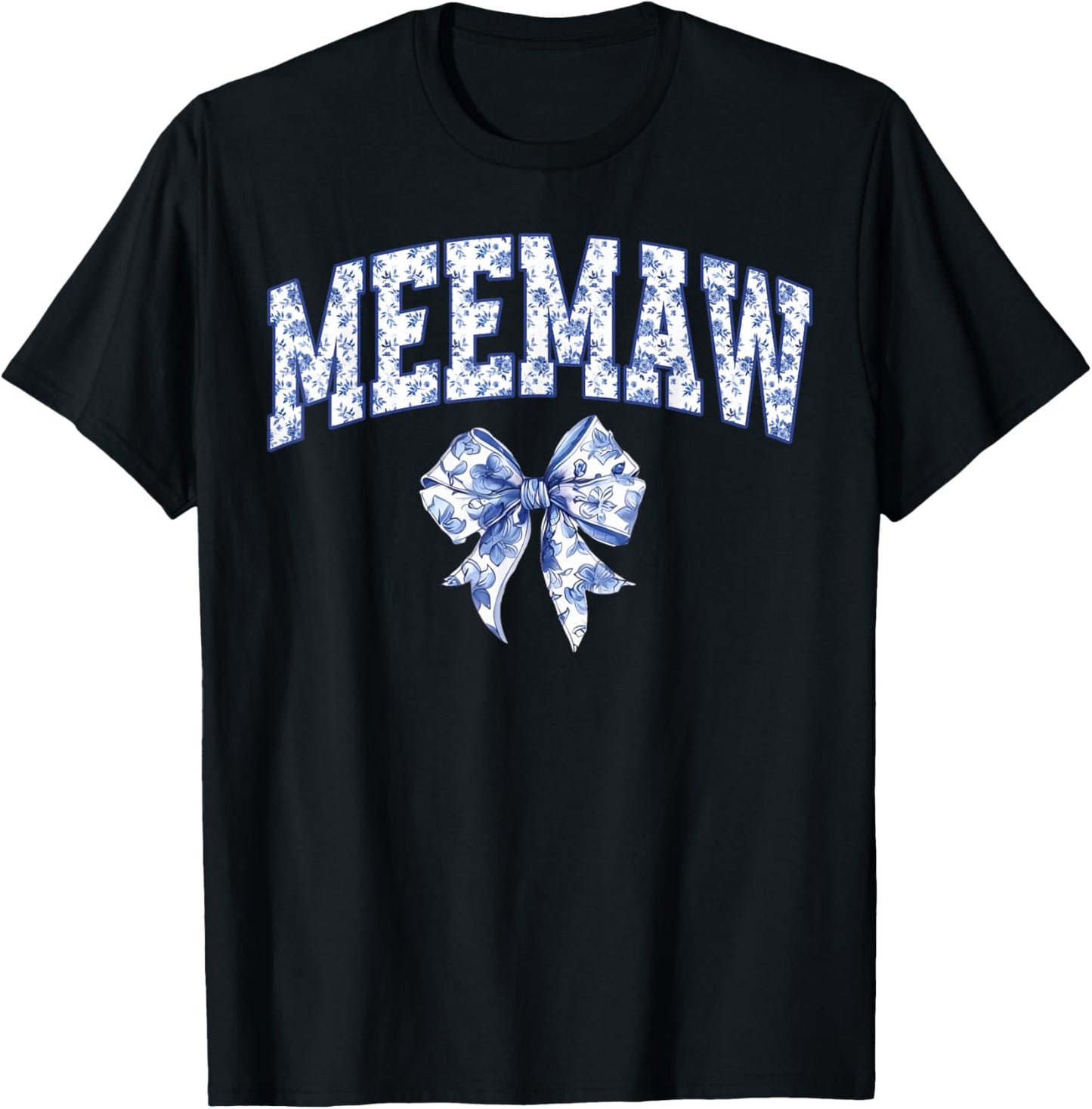 Meemaw Coquette Toile Blue Bow Floral Family Matching T-Shirt - T-Shirt | Black