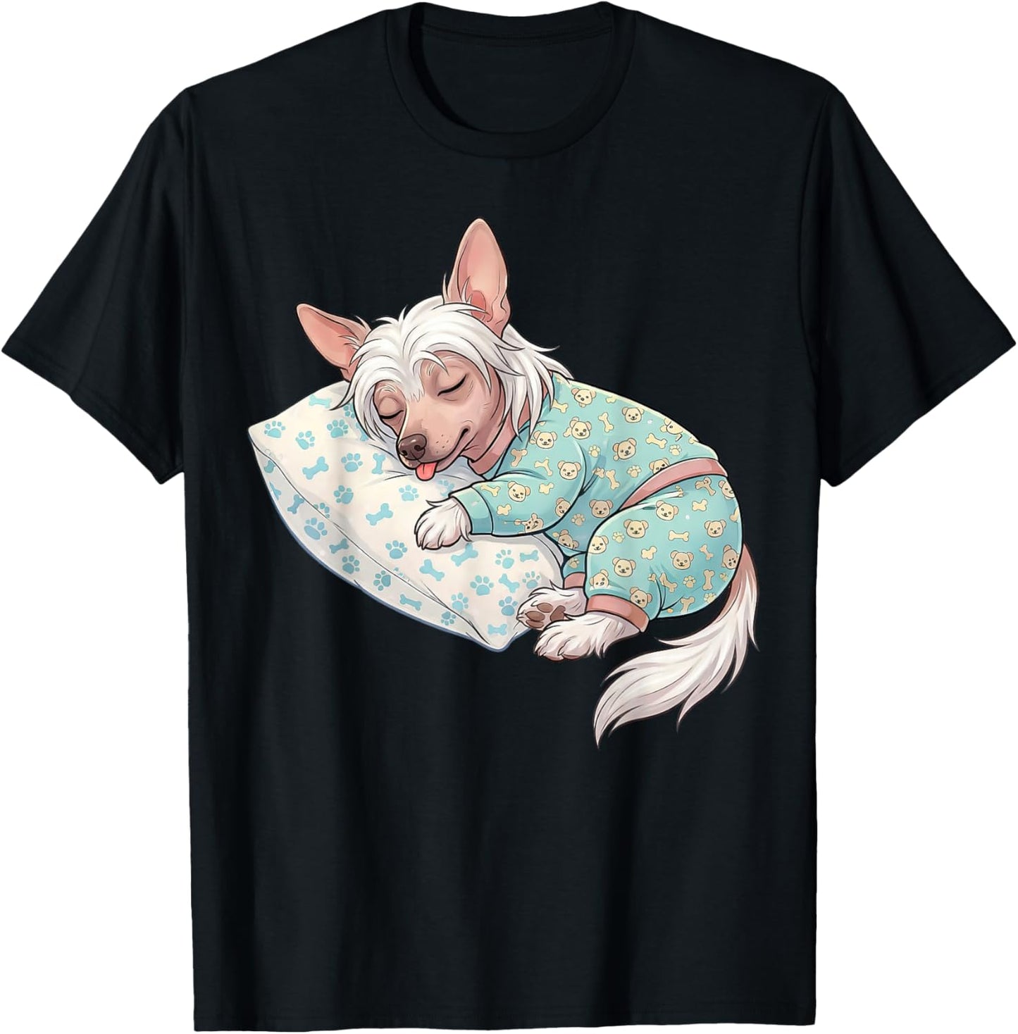 Cute Chinese Crested Dog Sleeping in Pajamas Bedtime Art T-Shirt - T-Shirt | Black