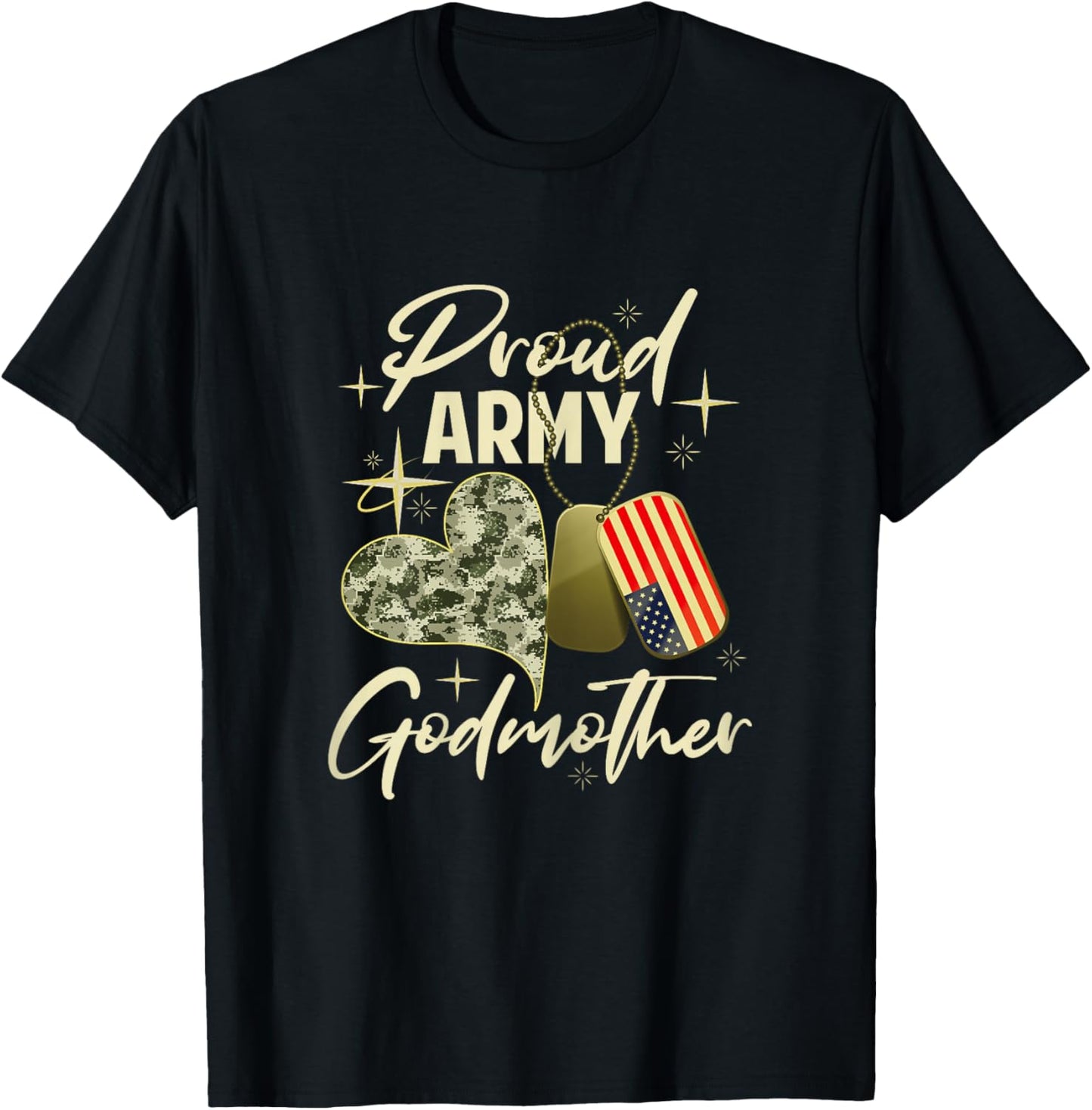 Proud Army Godmother Camouflage Mother's Day Dog Tag US Flag T-Shirt - T-Shirt | Black