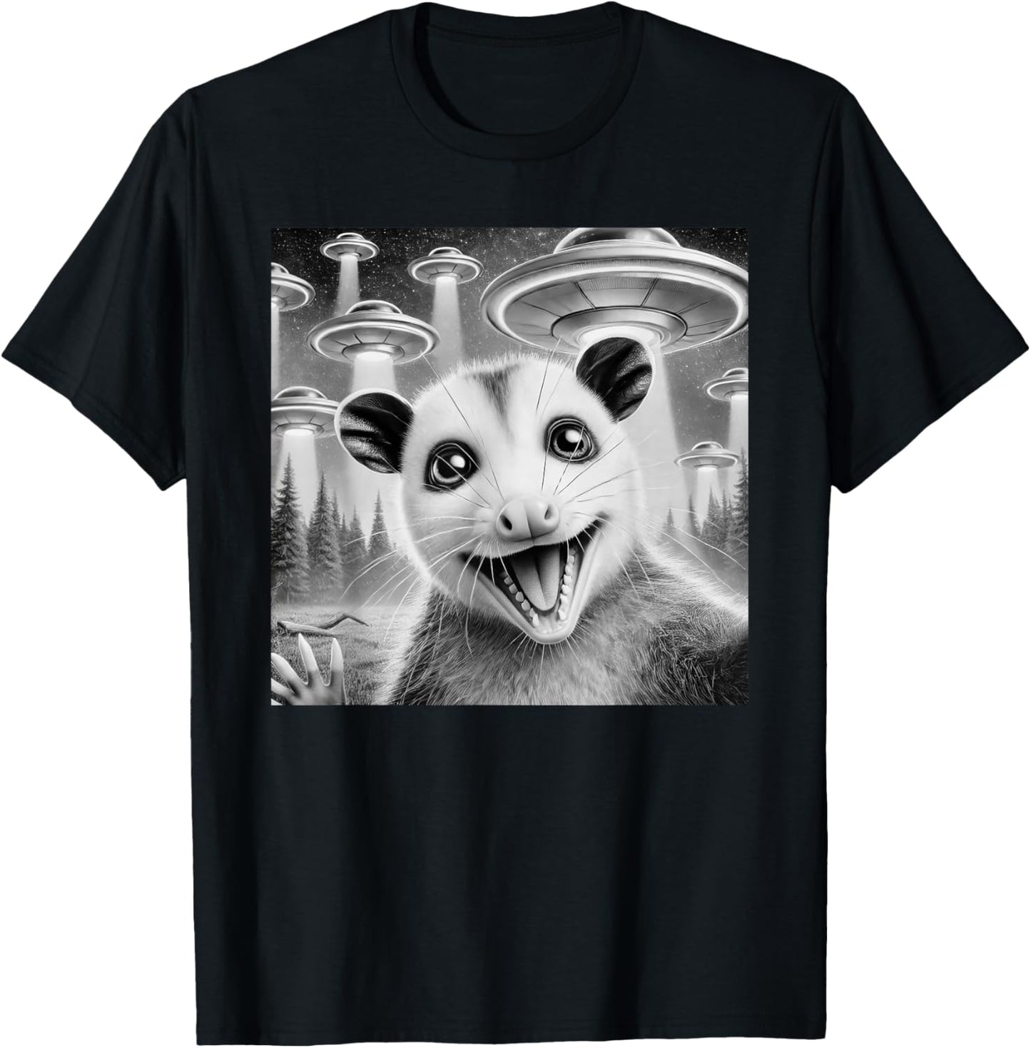 Opossum Selfie With Alien UFO Meme Men Women Kids T-Shirt - T-Shirt | Black