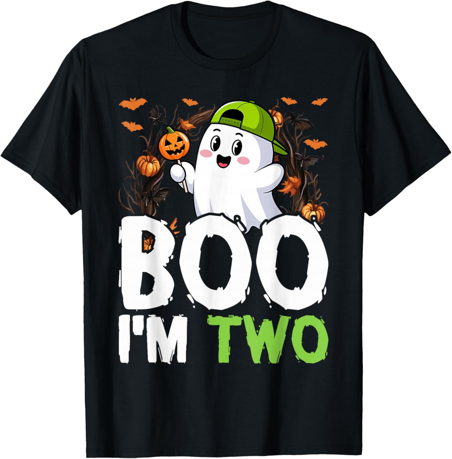 Boo I'm Two Ghost Second 2nd Birthday Cute Halloween Groovy T-Shirt - T-Shirt | Black