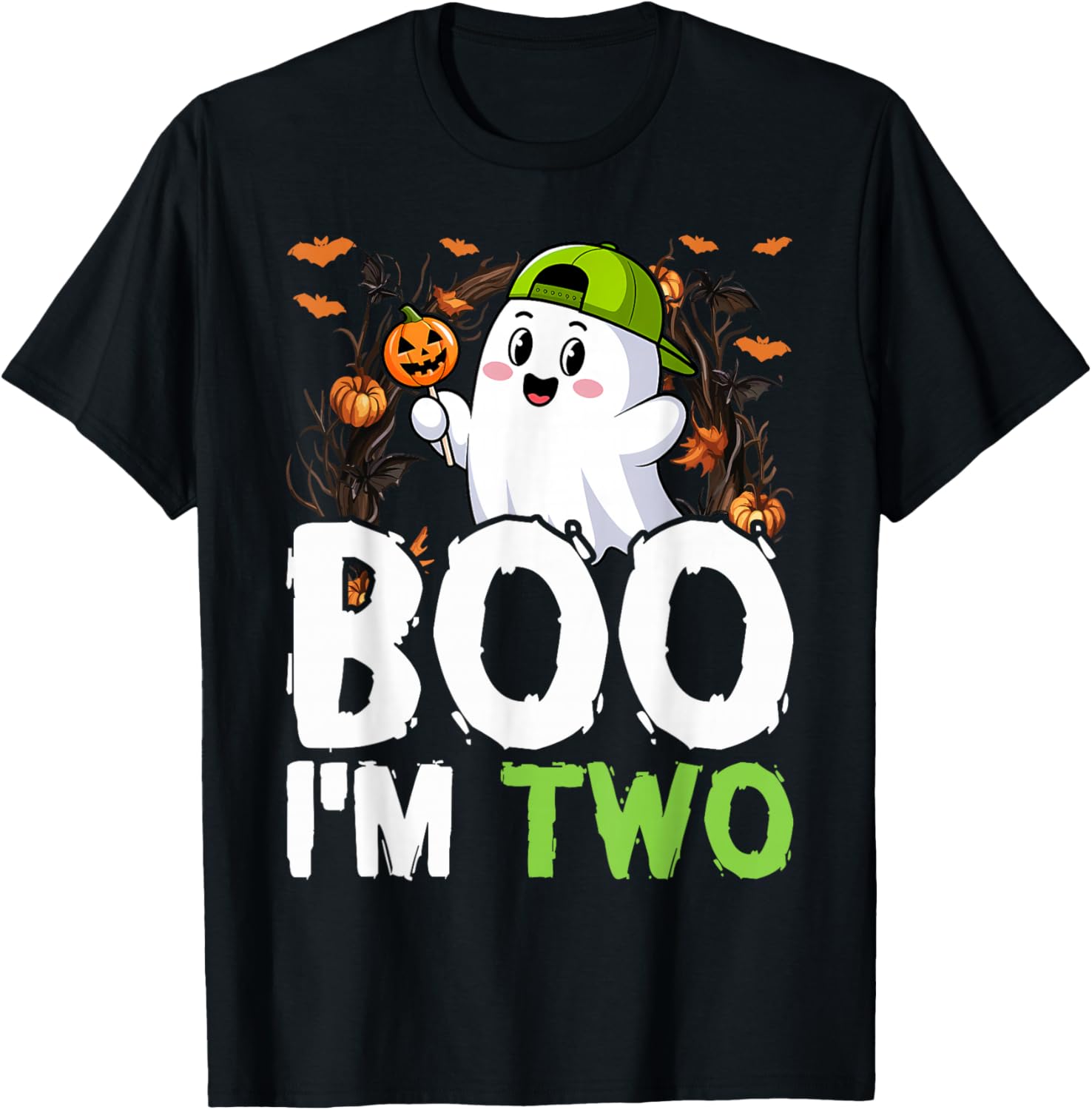 Boo I'm Two Ghost Second 2nd Birthday Cute Halloween Groovy T-Shirt - T-Shirt | Black