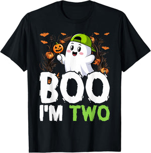 Boo I'm Two Ghost Second 2nd Birthday Cute Halloween Groovy T-Shirt - T-Shirt | Black