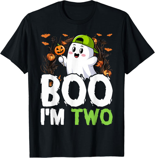 Boo I'm Two Ghost Second 2nd Birthday Cute Halloween Groovy T-Shirt - T-Shirt | Black