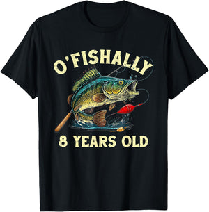 Vintage O'Fishally 8 Years Old Fishing 8th Birthday Boy T-Shirt - T-Shirt | Black