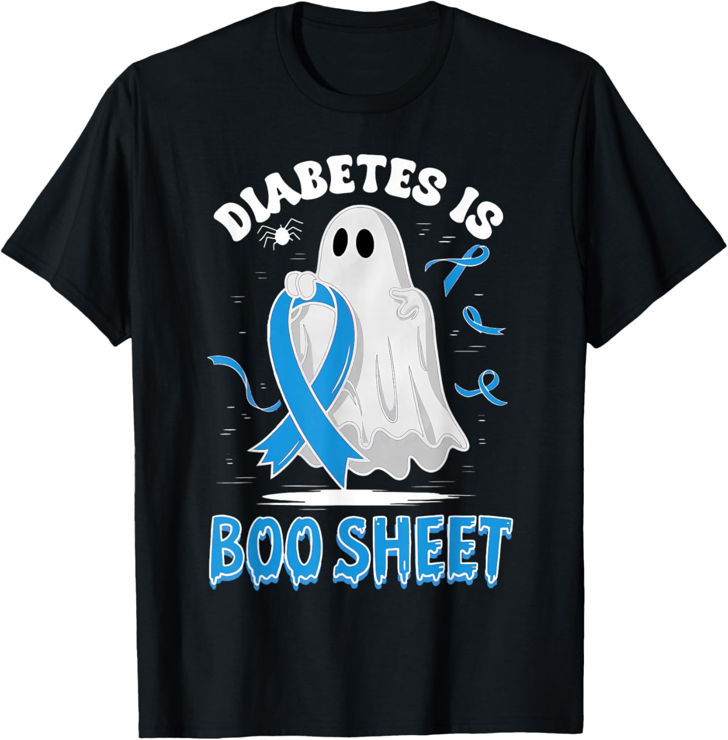 Diabetes is Boo Sheet Ghost Halloween T1D T2D Blue Ribbon T-Shirt - T-Shirt | Black
