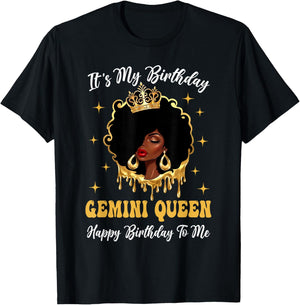 Gemini Queen It's My Birthday Afro Woman Zodiac Bday T-Shirt - T-Shirt | Black