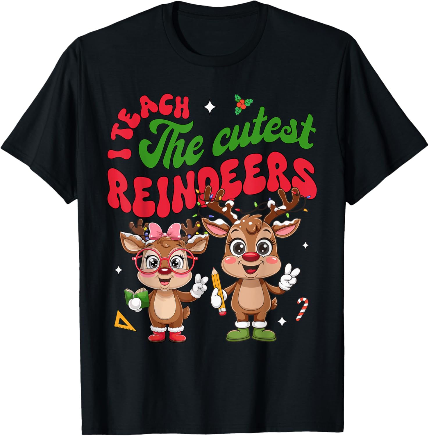 I Teach The Cutest Little Reindeers Christmas Teacher Kids T-Shirt - T-Shirt | Black