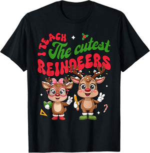 I Teach The Cutest Little Reindeers Christmas Teacher Kids T-Shirt - T-Shirt | Black