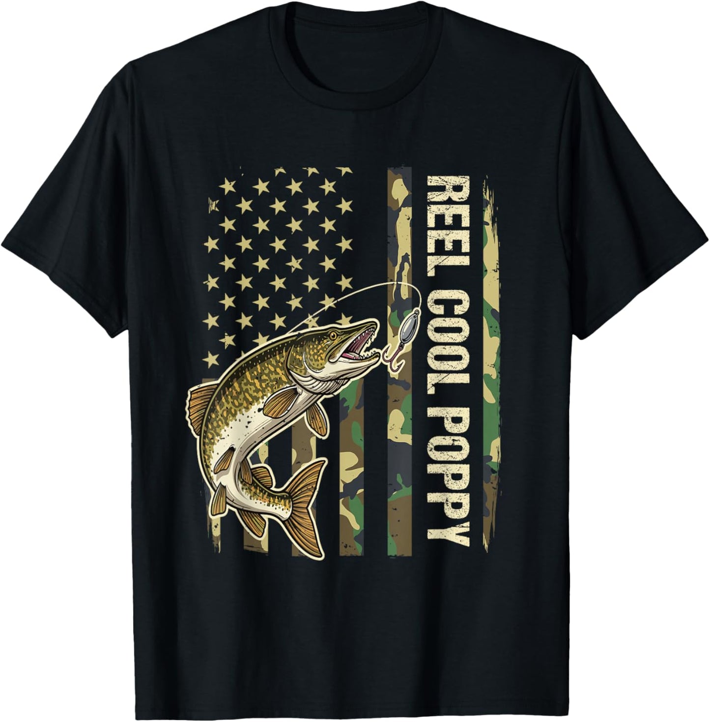 Reel Cool Poppy Northern Pike Fishing Camo American Flag T-Shirt - T-Shirt | Black