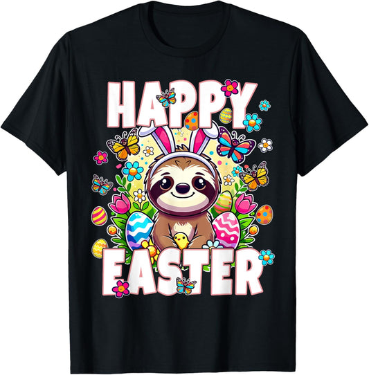 Happy Easter Bunny Sloth Easter Bunny Kids Adult Funny Sloth T-Shirt - T-Shirt | Black