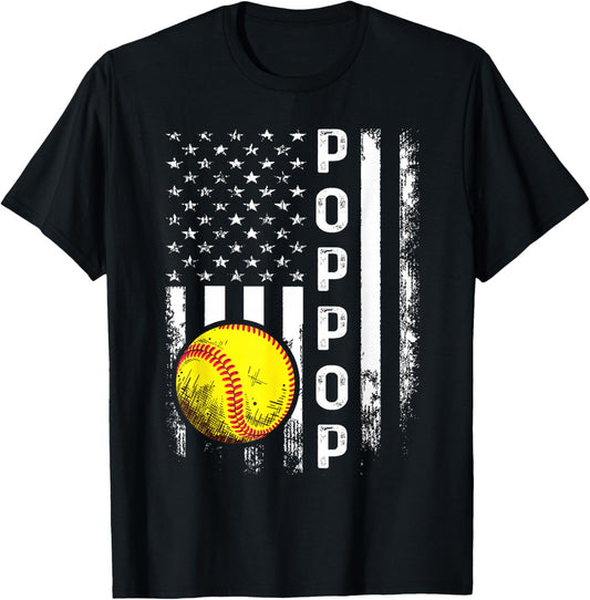 Softball Poppop America Flag Men Women Vintage Christmas T-Shirt - T-Shirt | Black