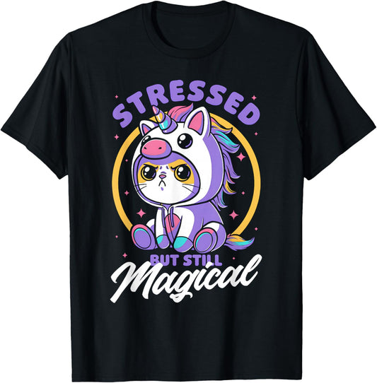 Stressed But Still Magical - Cute Cat Unicorn T-Shirt - T-Shirt | Black