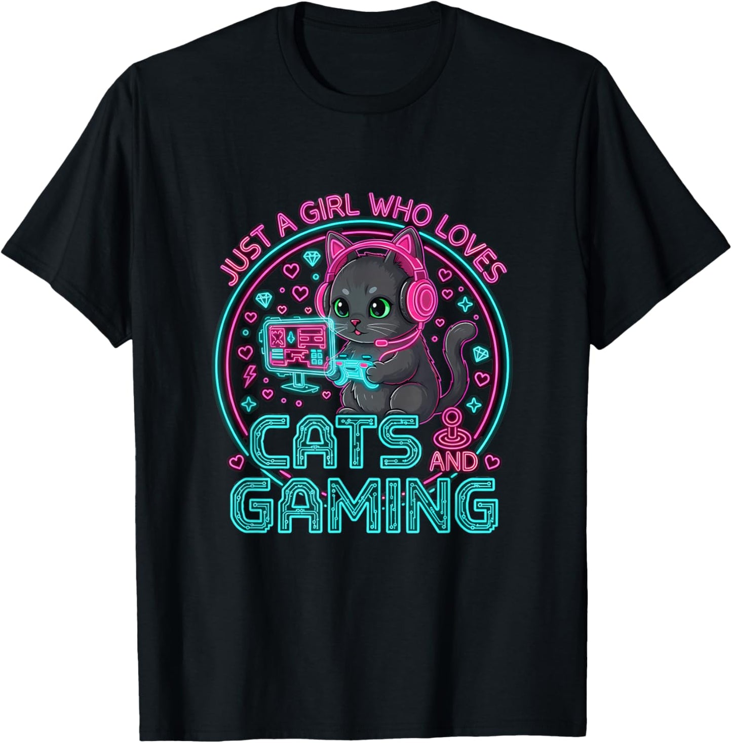 Just A Girl Who Loves Cats and Gaming Girls Gamer Cat T-Shirt - T-Shirt | Black