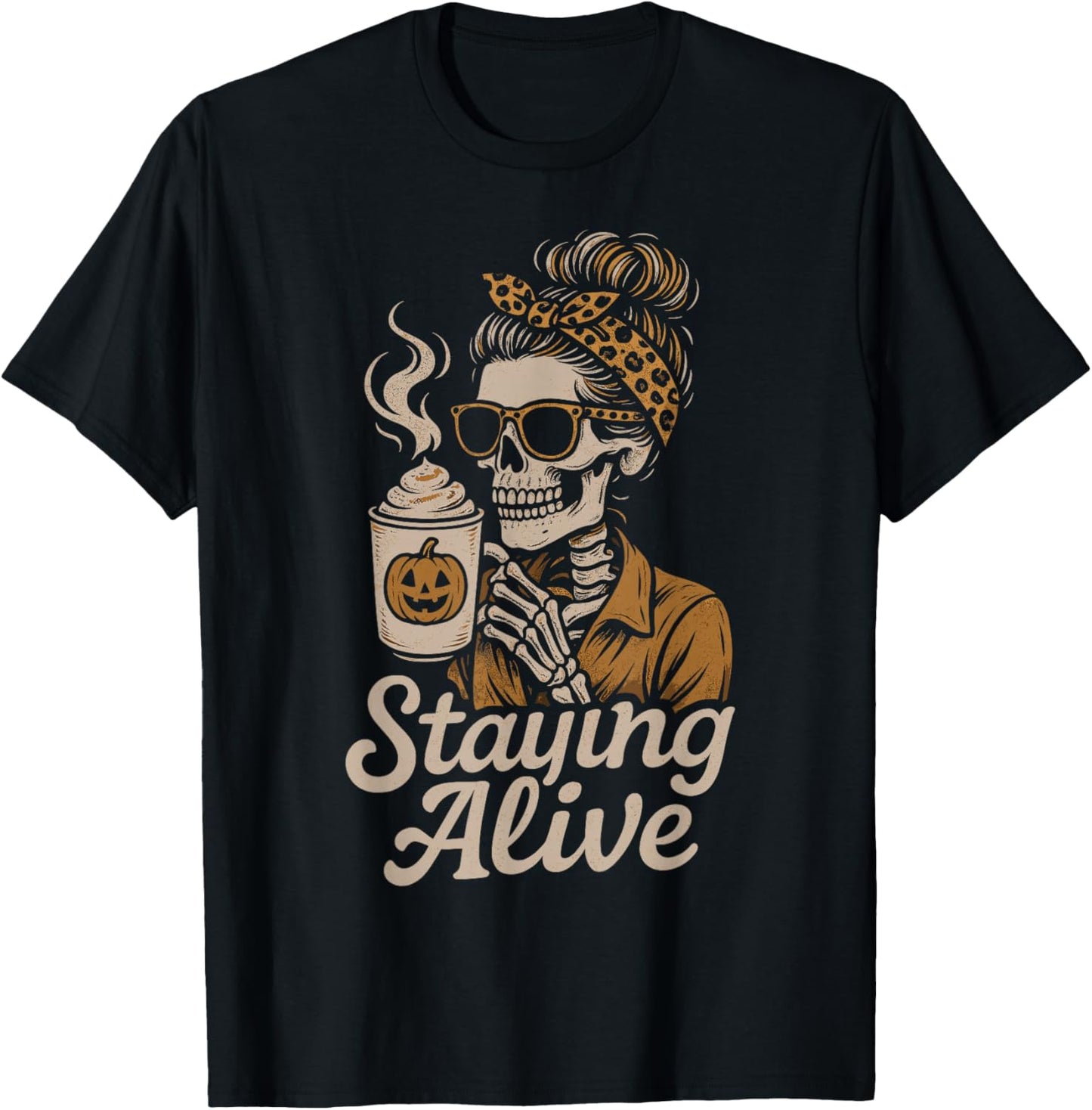 Staying Alive Spooky Skeleton Coffee Retro Halloween T-Shirt - T-Shirt | Black