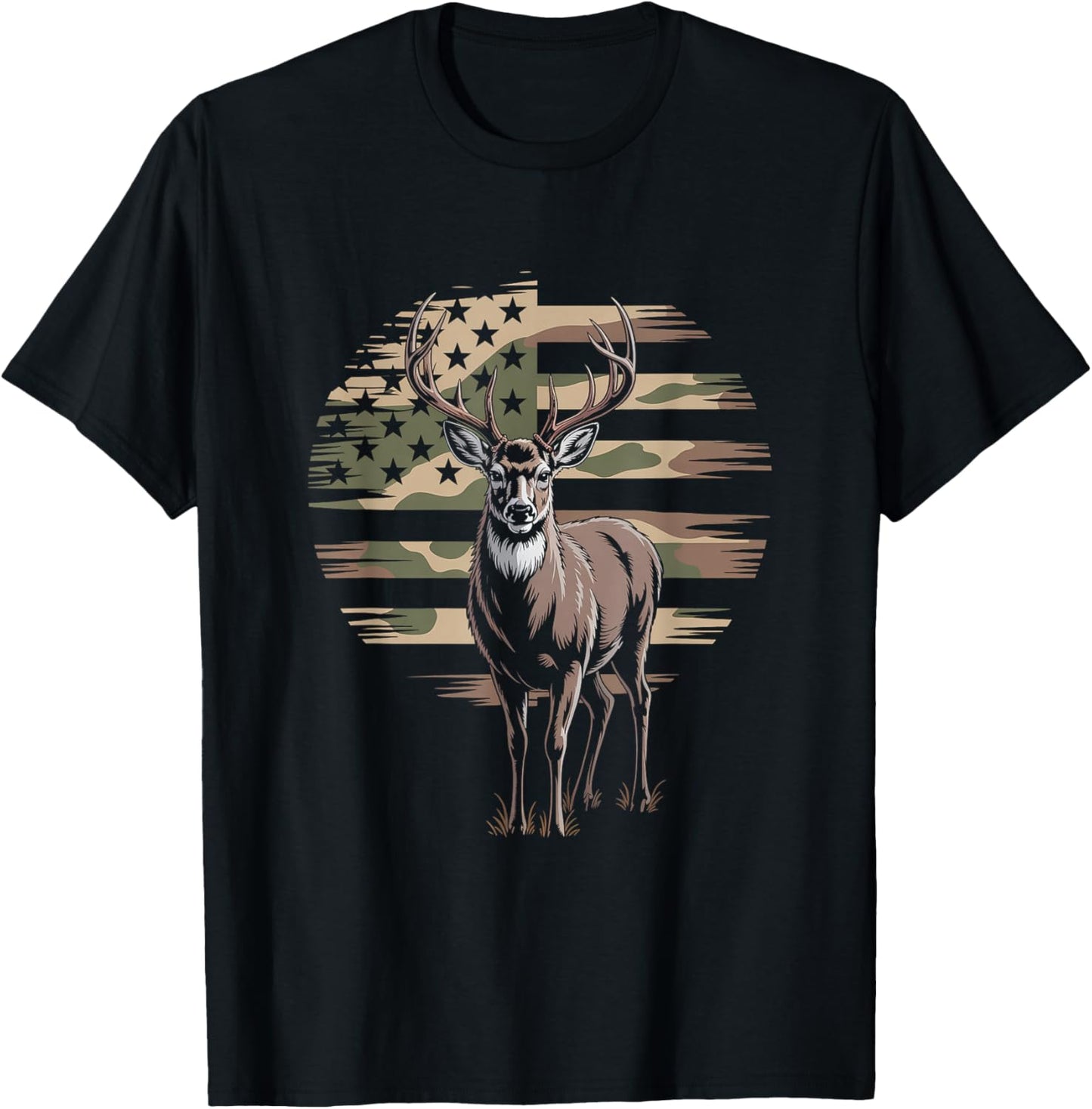 Deer Hunting Camo American Flag - Buck USA T-Shirt - T-Shirt | Black