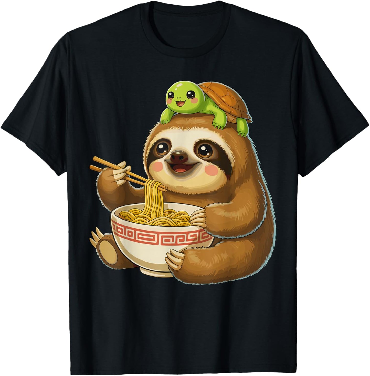 Sloth Eating Ramen with Turtle on Head T-Shirt - T-Shirt | Black