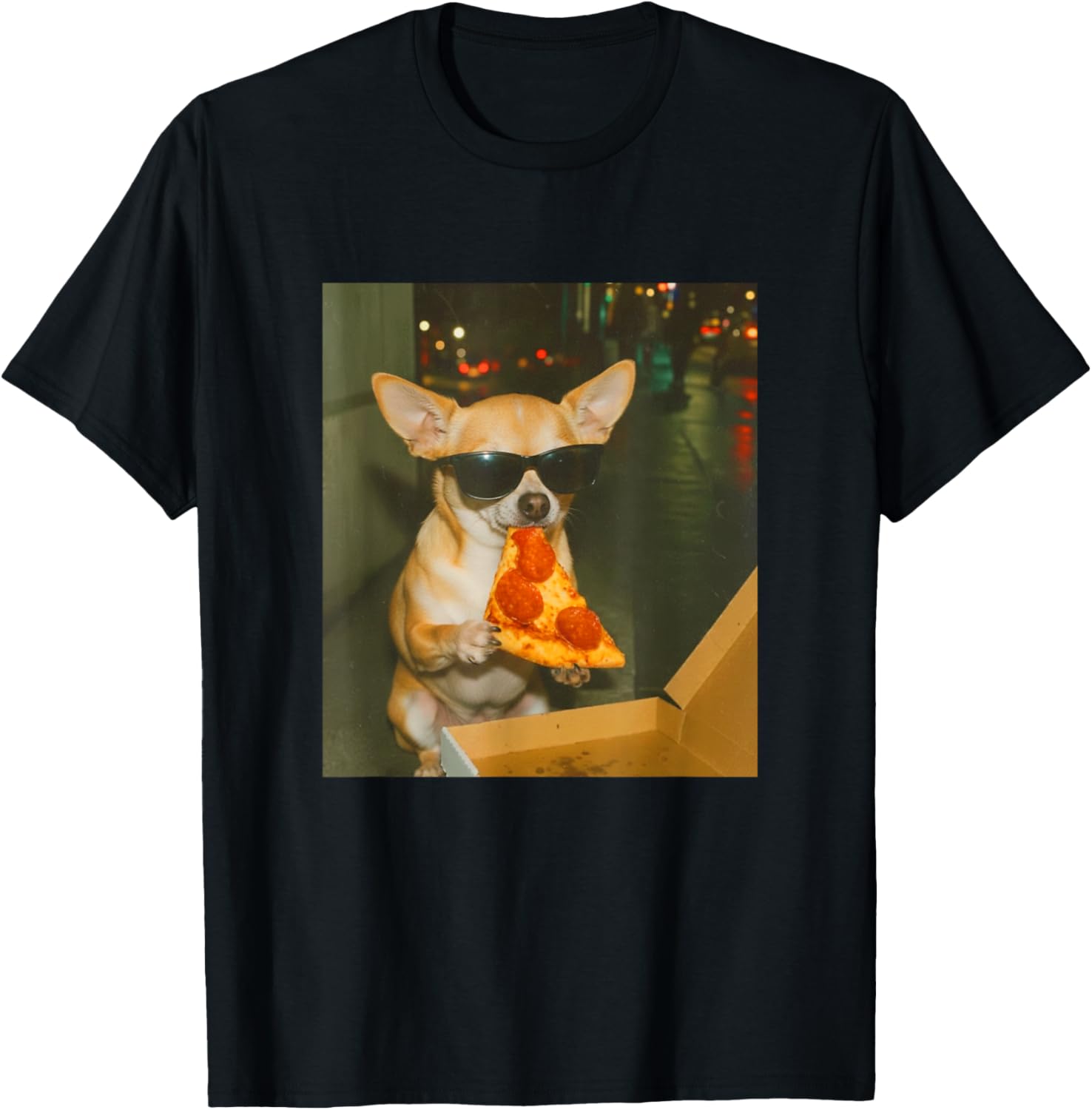 Funny Chihuahua Dog Eating Pizza Meme Retro T-Shirt - T-Shirt | Black