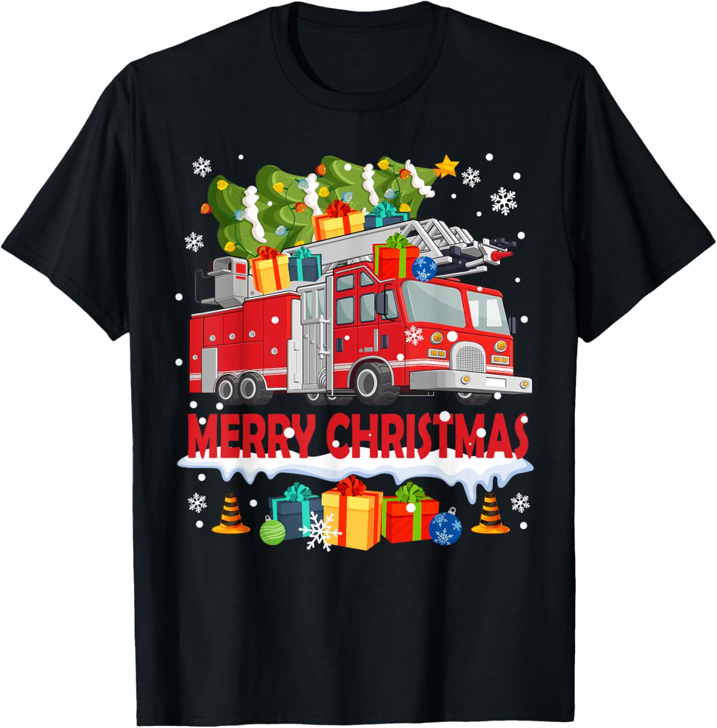 Funny Fire Truck & Christmas Tree Firefighter Xmas Pajamas T-Shirt - T-Shirt | Black