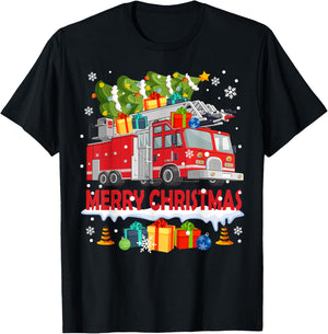 Funny Fire Truck & Christmas Tree Firefighter Xmas Pajamas T-Shirt - T-Shirt | Black