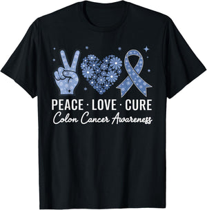 Peace Love Cure Colorectal Colon Cancer Awareness Support T-Shirt - T-Shirt | Black