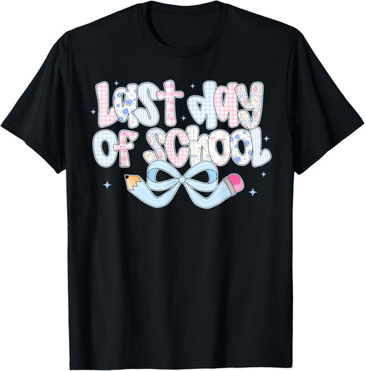 Happy Last Day of School Funny Coquette Bow Pencil Retro T-Shirt - T-Shirt | Black