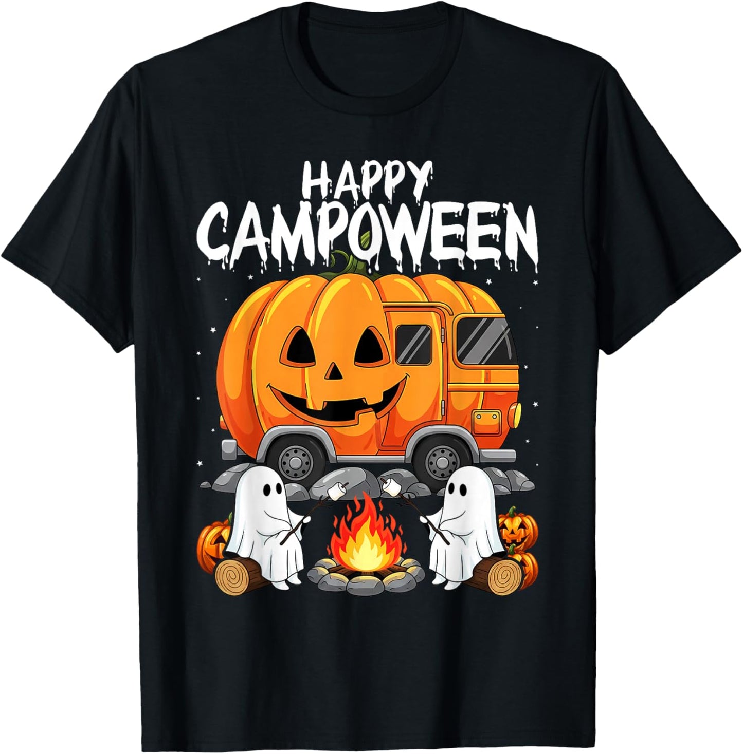 Happy Camp-O-Ween Halloween Camping Ghosts and Campfires T-Shirt - T-Shirt | Black
