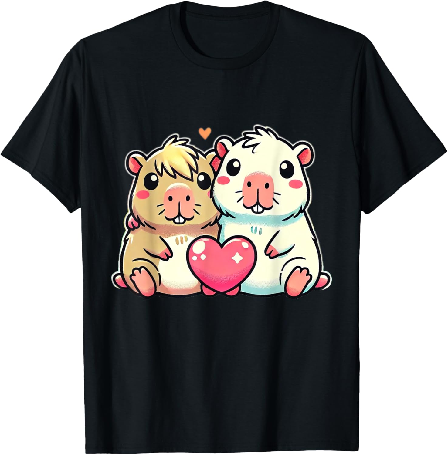 Kawaii Capybara Couple with Heart Love Design T-Shirt - T-Shirt | Black