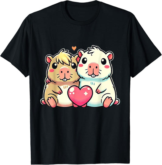 Kawaii Capybara Couple with Heart Love Design T-Shirt - T-Shirt | Black