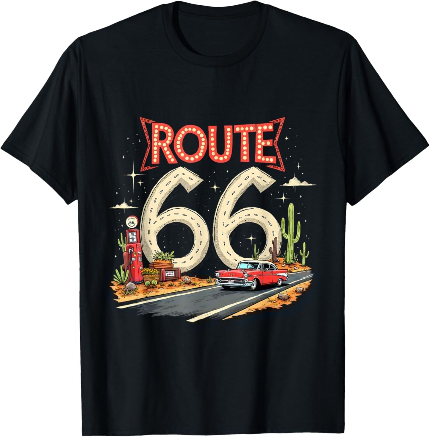 Classic Retro Route 66 Desert Scene with Red Vintage Car T-Shirt - T-Shirt | Black