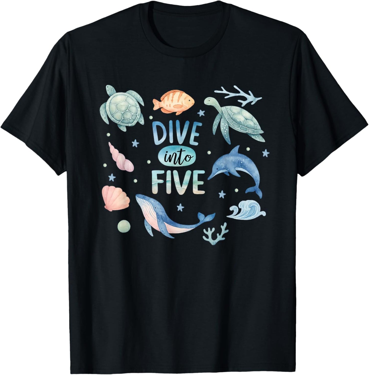 Dive Into Five 5th Birthday Boy Girl 5 Year Ocean Animals T-Shirt - T-Shirt | Black