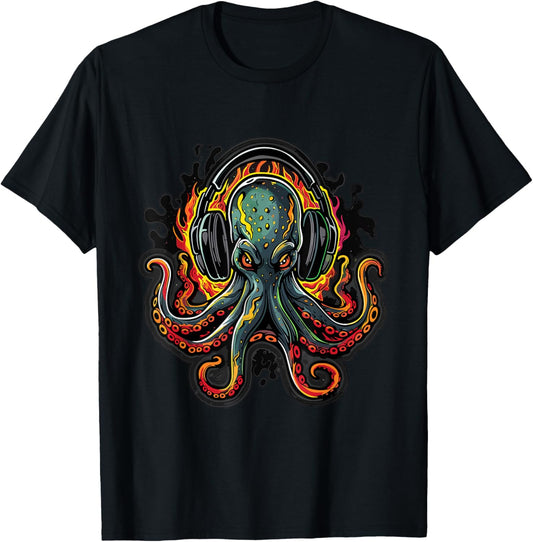 Fire Octopus DJ EDM Summer Rave T-Shirt - T-Shirt | Black