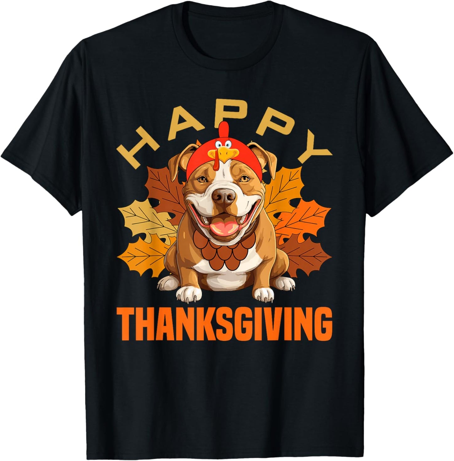 Funny Pitbull Dog In Turkey Costume Happy Thanksgiving Day T-Shirt - T-Shirt | Black