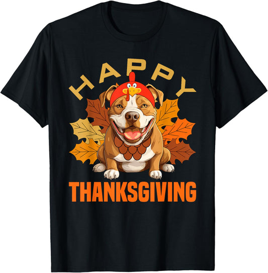 Funny Pitbull Dog In Turkey Costume Happy Thanksgiving Day T-Shirt - T-Shirt | Black